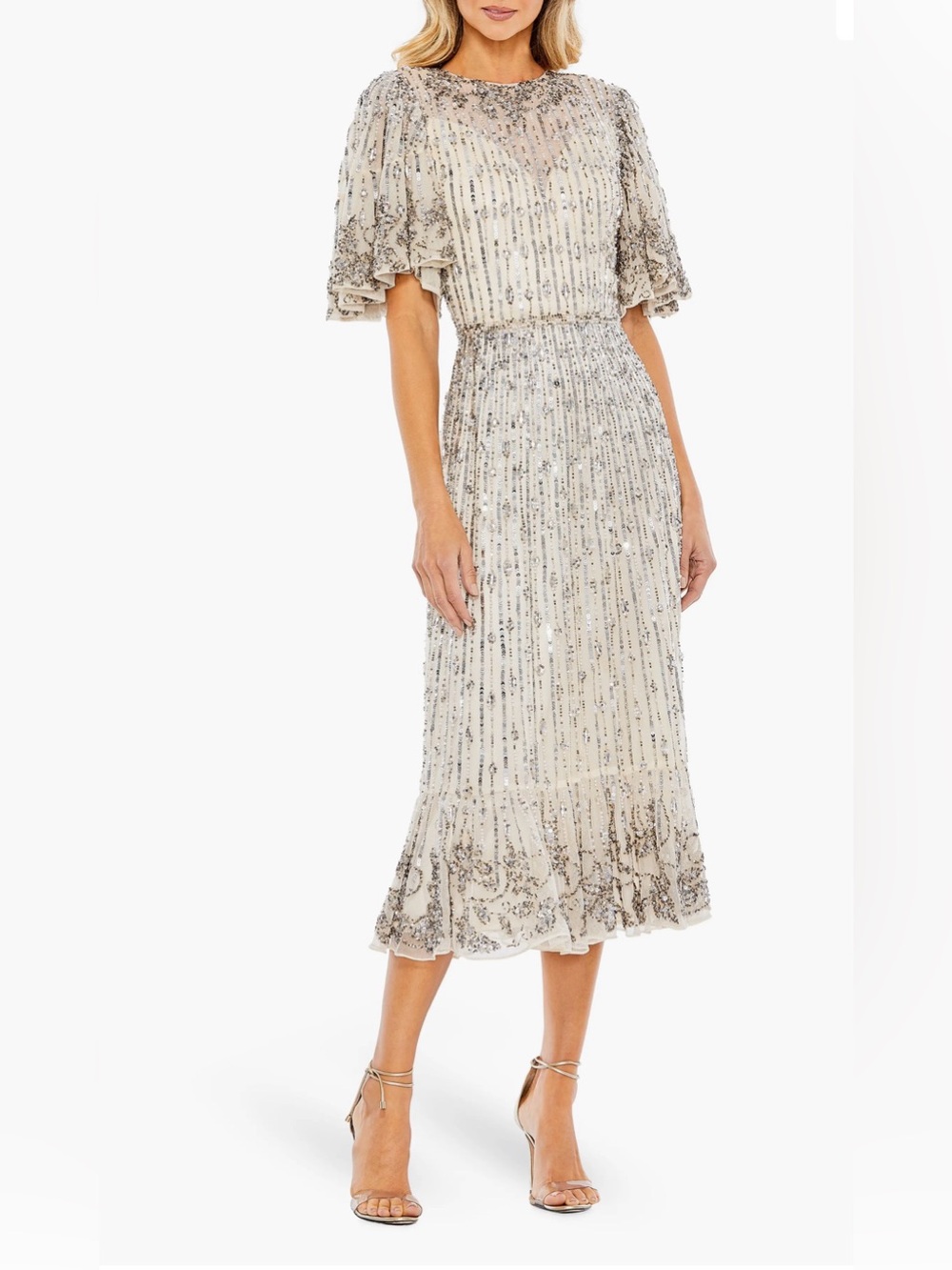 Mac Duggal 16 NWT Champagne Beaded Midi Dress Flounce Sleeve Formal